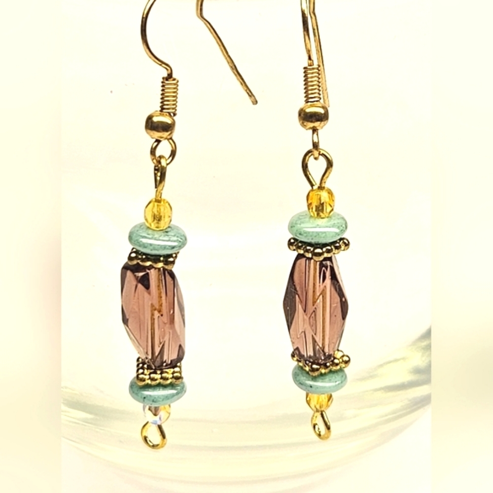 Purple And Green Beaded Goldtone Earrings